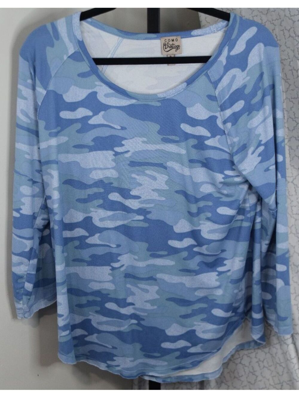 Como Vintage Women's XL Blue Camo Print Raglan Sleeve Scoop Neck Soft Casual Top